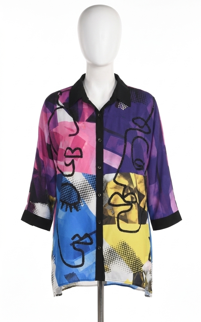 NEW FRANK LYMAN abstract jewel button closure blouse in black/multi
